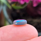 Opal stone held between fingers with a blurred floral background