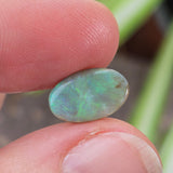 Opal stone held between fingers with a blurred natural background