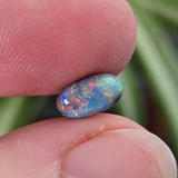 Opal stone held between two fingers with a blurred plant background