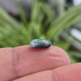 Small opal stone held between fingers with a blurred plant background