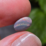 Opal stone held between fingers with a blurred green background