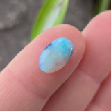 Opal stone held between fingers against a blurred natural background