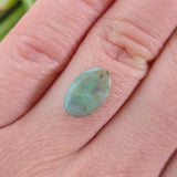 Opal stone held between fingers with a blurred natural background