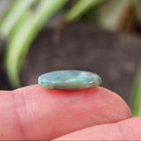 Small greenish-blue stone held between fingers with a blurred natural background