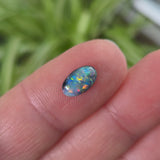 Opal stone held between fingers with a blurred green plant background