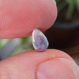 Small opal stone held between fingers with a blurred green plant background