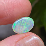 Opal stone held between fingers with a blurred green leafy background