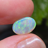 Opal stone held between fingers with a blurred green leaf background